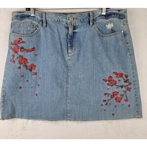 Bohemian Sz 16 Denim Mini Skirt Zip Fringe Hem Red Floral Embroidery Y2K Casual